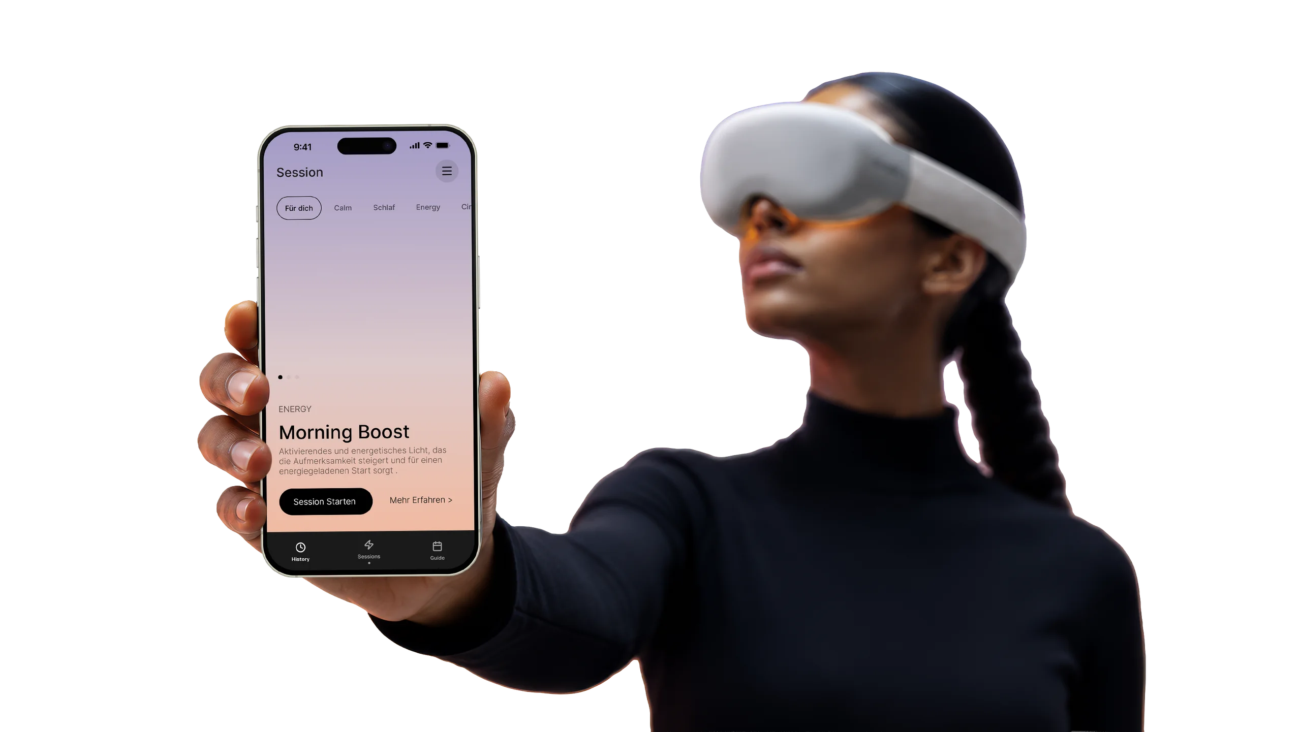 Hand hält ein Smartphone mit der avakis-App und der Session „Morning Boost“