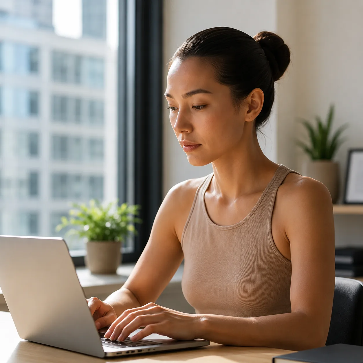 Frau arbeitet konzentriert am Laptop an einem hellen Fenster