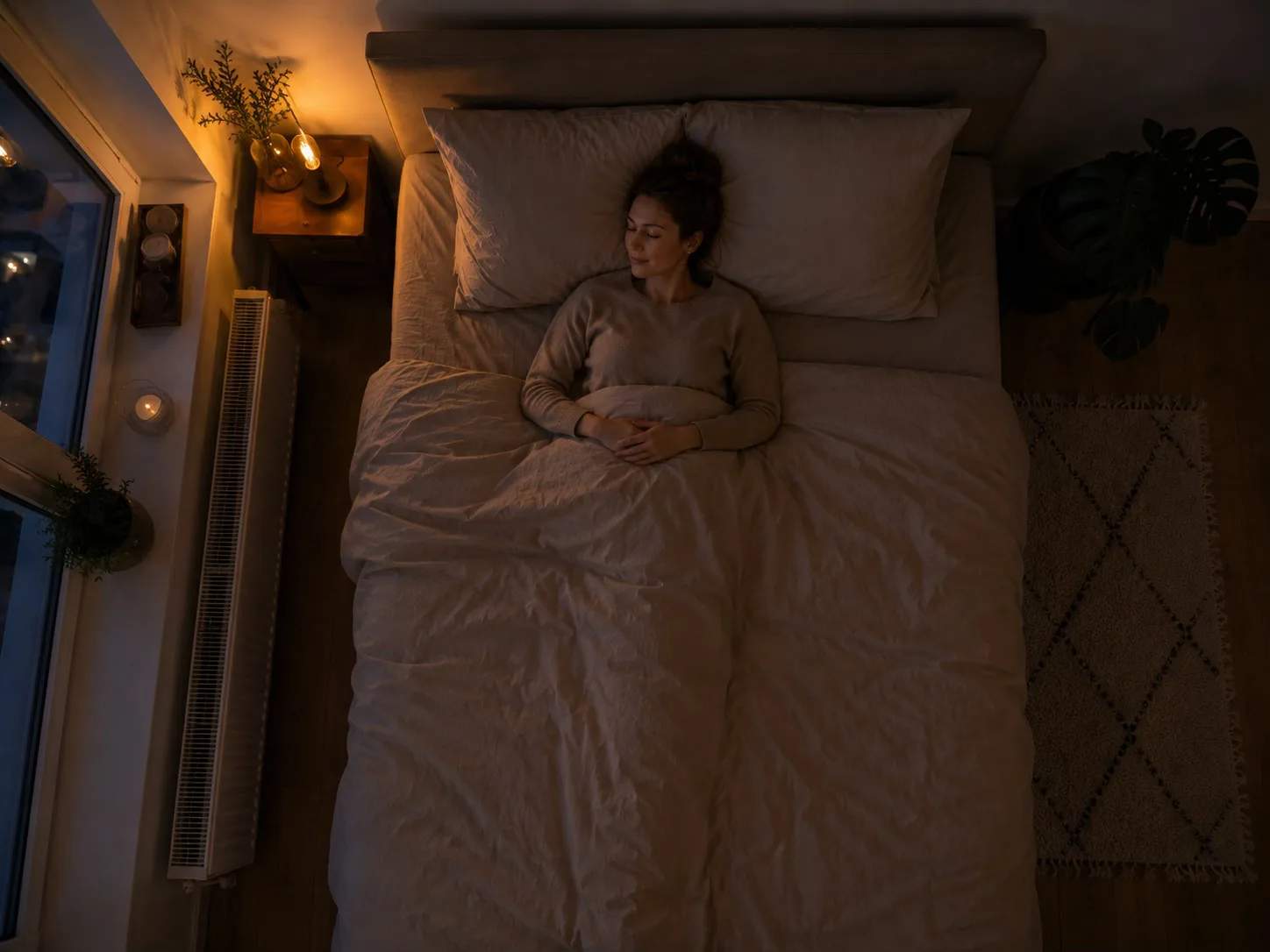 Frau schläft entspannt im abendlich warm beleuchteten Bett